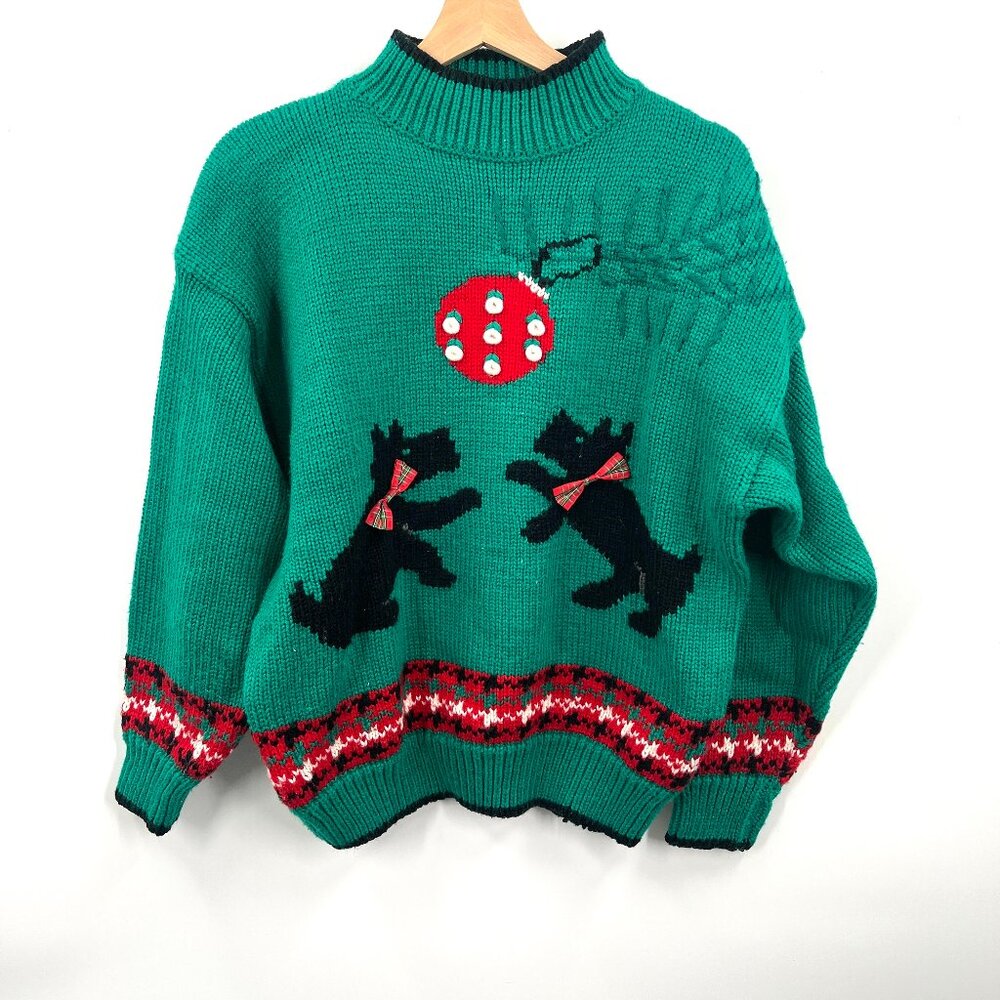 Vintage Robinson's scotty dog ugly Christmas sweater chunky knit grandmacore L